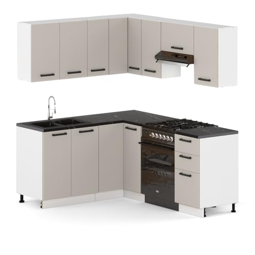 Küchenmöbel-Set Eckbank, Küchengarnitur mit Ober- und Unterschränken, Modularküche zum Selbstmontagen ohne Haushaltsgeräte, Stil Modern in Kaschmir
