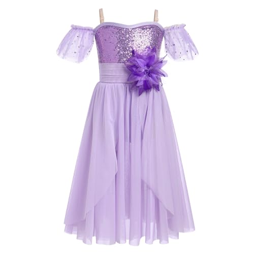 Lyrical Dance Dress for Girl Ballet Leotard Chiffon Skirt Shiny Sequins Ballerina Outfits Off Shoulder Contemporary Ballet Clothes Kid Recital Christmas Dance Dress Purple 11-12Years