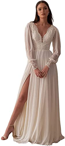 Slit Lace Wedding Dresses for Bride with Sleeves V-Neck A-Line Chiffon Wedding Gowns Simple Boho Beach Bridal Dresses for Women White 4
