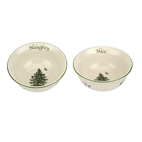 Spode Christmas Tree Collection Dip Bowls, Set Of 2, Naughty And Nice, Beige/Green, Ceramic Serving Bowl, Holiday Dishes, 4-Inches, Dishwasher And Microwave Safe #TOP22
