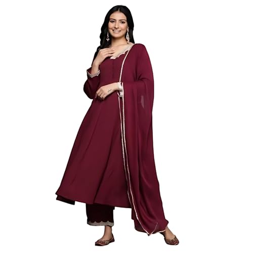 Image of Varanga Women Maroon Zari & Sequins Embellished Anarkali Kurta with Bottom and Dupatta - V-Neck, Potali Button Yoke, Long Sleeves
