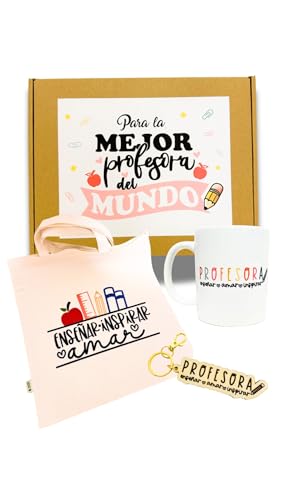 Regalo original para profesora fin de curso – Pack con tote bag, taza y llavero – Taza para Profesoras – Idea de regalo para maestras