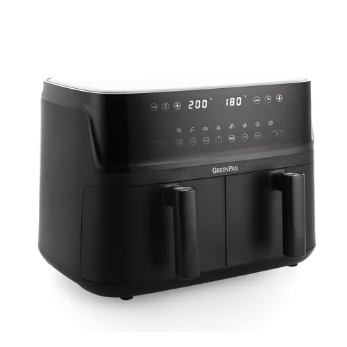 GreenPan Switch Double Basket Air Fryer, Extra-Large 10L Capacity, PFAS-Free Drawer and Tray, One-Touch Presets, Black