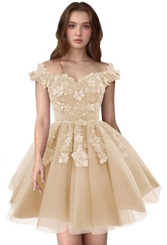 Zhangyo Off Shoulder Homecoming Dresses for Teens Sparkly Tulle DAMA Dresses for Quinceanera Puffy Lace Short Prom Gown