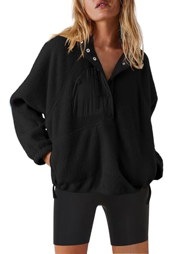 Nirovien Womens Fuzzy Fleece Jacket Quarter Button Down Sherpa Pullover Warm Outwear with Pockets(Black,M)