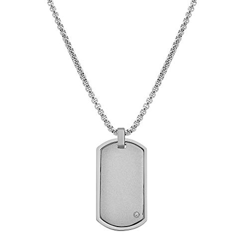 Geoffrey Beene Men's Stainless Steel Engraveable Dog Tag Pendant Box Chain Necklace with Cubic Zirconia Stone (Silver)