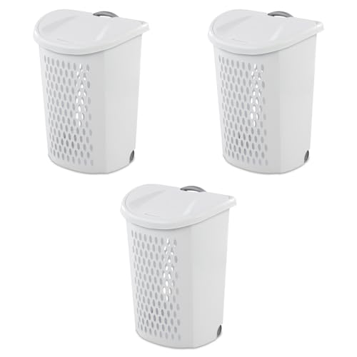 Sterilite Ultra Wheeled Laundry Hamper with Lid, 2 Bushel, Plastic Large Hamper w/ Handle and Wheels to Easily Transport Clothes, White, 3-Pack