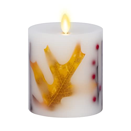 Image of Luminara - Flameless Flickering Moving Flame Battery Operated Unscented Candle LED Decor & Gift- Embedded Pillar Collection (Orange Leaf, 3.5 inch x 4.5 inch)