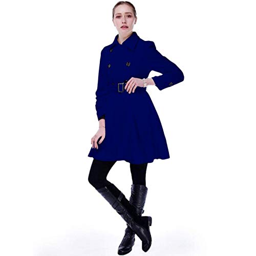 Foremode Women Swing Double Breasted Wool Pea Coat With Belt Buckle Spring Mid-Long Long Sleeve Lapel Dresses Outwear (Blue, Medium) #TOP3