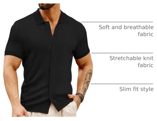 LOGEEYAR Men's Slim Fit Polo Shirts Short Sleeve Breathable Button Down Golf Shirts Ribbed Knit Soft Cotton Tops Black — view 4