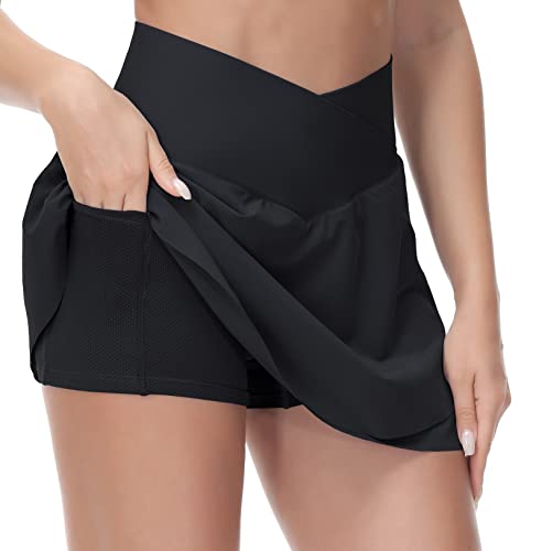 Women's Cross Waist Tennis Skirts With Cutting Hem Athletic Golf Skorts With Inner Mesh Pockets Shorts Black #TOP1