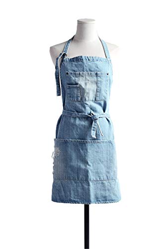 Tobyan Cotton Denim Apron Soft - Unisex Adjustable Bib Apron with 5-Pockets Perfect for Kitchens (Light Blue)