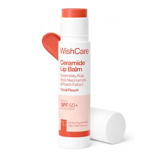 Image of WishCare Tinted Lip Balm SPF 50 PA++++ | Brightening Lip Balm for Dark Lips | In-Vivo Tested | Kojic Acid & Niacinamide | For Women | 5g (Coral Peach)