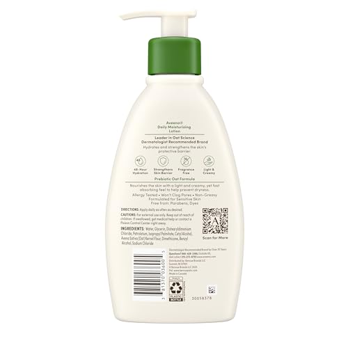 Aveeno Daily Moisturizing Body Lotion with Soothing Prebiotic Oat, Gentle Lotion Nourishes Dry Skin With Moisture, Paraben-, Dye- & Fragrance-Free, Non-Greasy & Non-Comedogenic, 12 fl. Oz