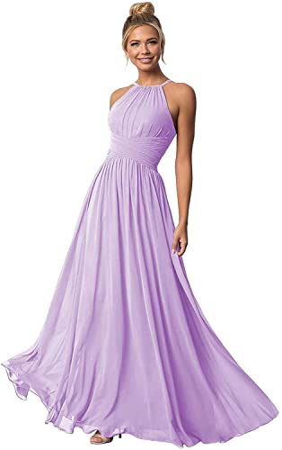 N/ C - Abiti lunghi da damigella d'onore in chiffon, con scollo a halter, a linea, plissettati, per ballo di fine anno, con tasche C016, Lilla, 42