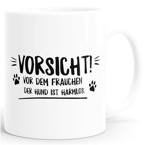 MoonWorks Vorsicht vor dem Frauchen der Hund ist harmlos! Kaffee-Tasse mit Spruch glänzend weiß Unisize