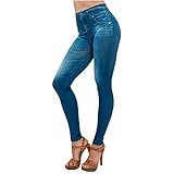 Generic Women's Denim Print Leggings Seamless Stretchy Fake Jeans High Waist Tummy Control Jean Look Leggings Jeggings, Small, Blue