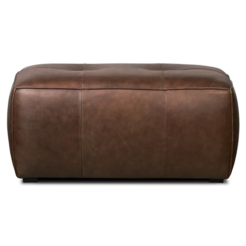 Image of Poly & BARK Capa Ottoman - 37 inch Rectangle Pouf with Feather-Down Topper - Full-Grain Leather Upholstered Pouf Ottoman for Living Room - Vintage Italian Leather in Chocolate Brown