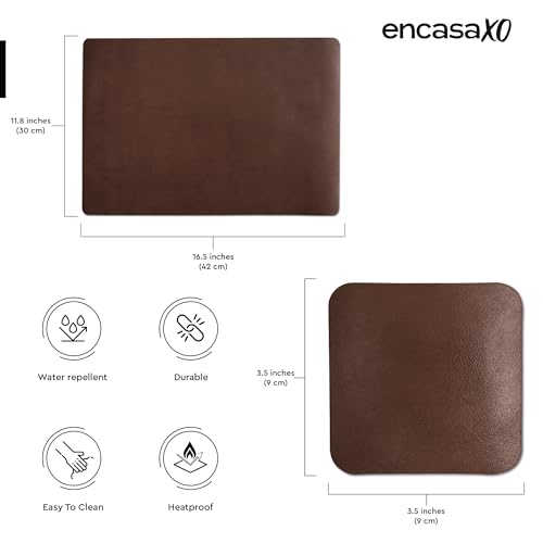Image of Encasa XO Leather Dining Table Mat Set of 2 + 2 Coasters, 42x30 & 9 cm | Water & Heat Resistant Double-Layer Dining Table Mats | Wipeable & Durable Brown & Tan Placemats for Dining Table