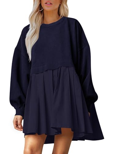 Image of Dokuritu Sweatshirt Dress Women Crew Neck Long Sleeve Patchwork Pullover Tops Flowy Oversized Sweatshirt Mini Dress