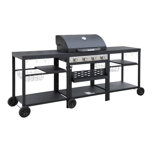 sweeek - Barbacoa 4 quemadores, cocina exterior, Danglars, Negro, 223.5x60.5x144 cm