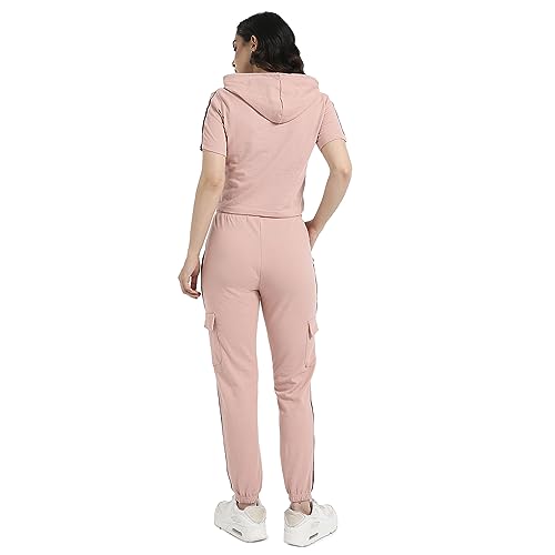 Image of PINACOLADA Women's Hooded Co-Ord Set With Contrast Piping For Casual Wear | Hooded Neck | Short Sleeve | Drawstring Closure | Cotton Co-Ords Crafted With Comfort Fit For Everyday Wear