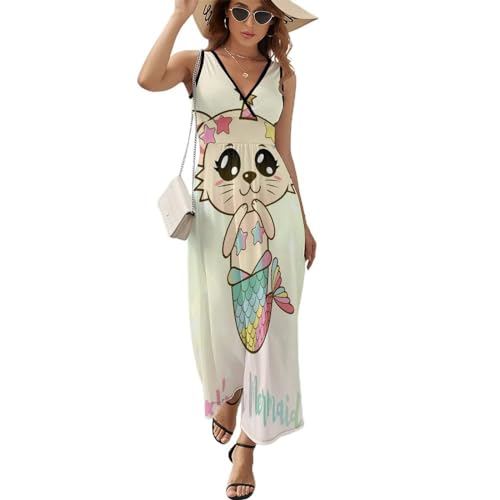 Robe Longue d'Été sans Manches Femmes | Robe Maxi Col V Décontracté Robe De Plage Chat Sirène
