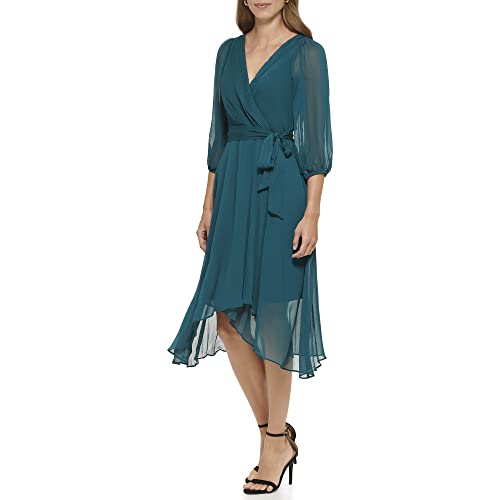 Image of DKNY Women's Chiffon Balloon Sleeve Faux Wrap Midi Dress with High-Low Hem