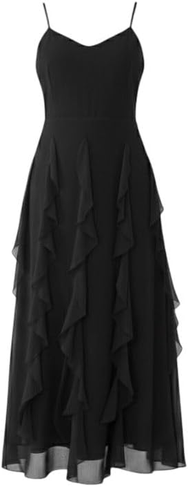 Women's Maroon Ruffle Midi Dress, Spaghetti Strap, Layered Chiffon
