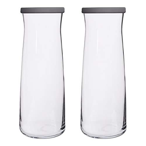 LAV 2x Grey Lid 1.2L Vera Glass Carafe - Water Wine Juice Fridge Storage Pitcher Jug Set | Bedside Laundry Dispenser Bottle Jar