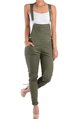 TwiinSisters Women's Casual Solid Color Slim Fitted Comfy Stretchy Cotton Skinny Jumpsuit Overalls for Women (Olive, Large #Rjho378)
