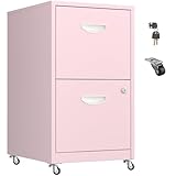 2 Drawer Mobile File Cabinet with Lock, Metal Filing Cabinets with Wheels, Pink Rolling Storage Cabinet, Under Desk Vertical File Cabinet for Home Office, Lockable Steel Two Drawer for Letter Size