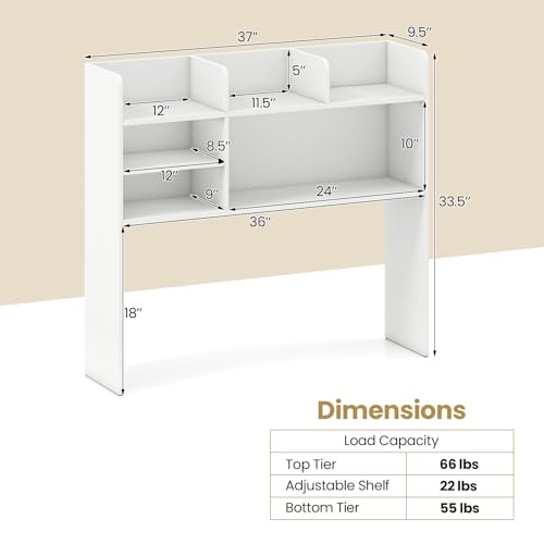 Image of Tangkula Desktop Bookshelf for Computer Up to 32 inch, 37 inch Countertop Storage Hutch with 6 Storage Shelves, 3-Tier Desktop Organizer Display Rack, Wooden Desk Hutch for Dorm Home Office (White)