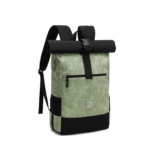 EverVanz Rolltop Sac à dos pour ordinateur portable - En cuir et polyester - Grand sac d'école avec port de charge USB - Avec compartiment pour ordinateur portable de 17" - Imperméable - Pour homme et