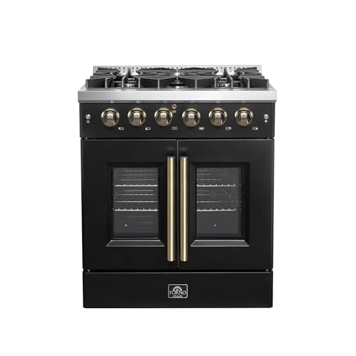 Forno Galiano 30-Inch French Door Gas Range with Antique Brass Accents & 5 Sealed Burners - 68,000 BTU & 4.32 cu.ft. Convection Oven with Black Enamel Interior - Black