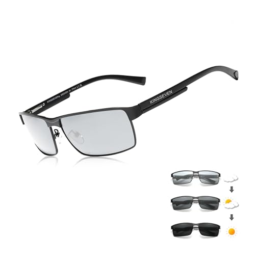 KINGSEVEN Lunettes de soleil photochromiques mode Hommes Femmes Polarisées Aviateur Lunettes de Soleil Carrées Anti-éblouissement Lunettes de Conduite UV400, Photochromie noire, 62
