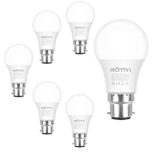 ROTTYI B22 Bayonet Light Bulbs 100W Equivalent Cool White 6500K Daylight Bulbs 11W 1210LM LED Bulb BC A60 GLS Energy Saving Lightbulbs Classic Shape Non-dimmable Pack of 6