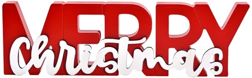 GHOSTMAGIC Merry Christmas Sign, Wooden Christmas Decoration, Free Standing Centerpiece, Xmas Party Decor for Table, Tiered Tray, Mantel (Red)