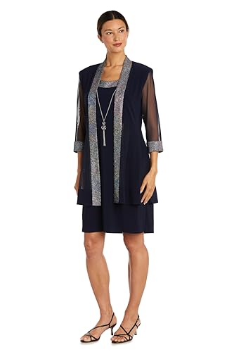 R&M Richards Women's 2 Piece Foil Knit Sleeveless Knee-Length Dress with Jacket