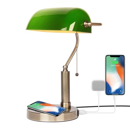 FIRVRE Lámpara de escritorio de banquero de vidrio Lámpara de mesa retro clásica tradicional con cargador inalámbrico y puerto USB Interruptor de cadena de tracción de latón de metal antiguo (Verde)
