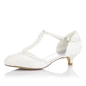 JIA JIA 01129 Vrouwen Bruids Schoenen Gesloten Teen T-riem 4 cm Lage Hak Satijnen Pumps met Kant Imitatie Trouwschoenen