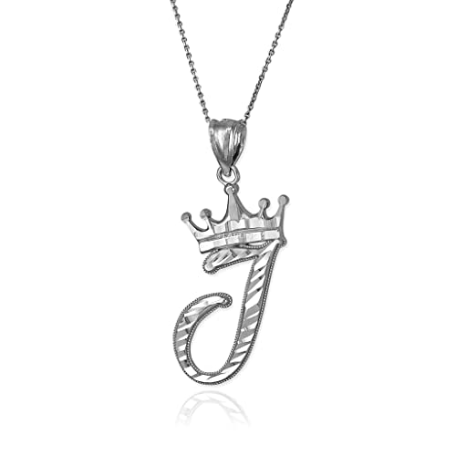 .925 Sterling Silver Sparkle-Cut Royal Crown Cursive Monogram Letter Initial A-Z Alphabet Pendant Necklace - Choice of Initial Letter and Rolo Chain 16