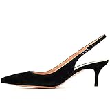 Divanne Slingback Pumps, Women's Pointed Toe Low Heel Sandals Slingback Strap Kitten Heel Pumps Evening Party Wedding Shoes, Black Suede, 8