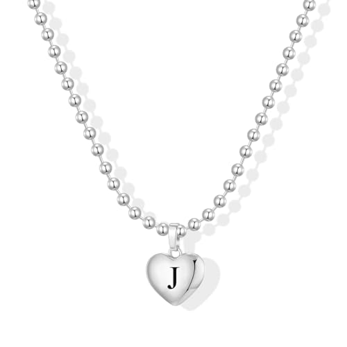 KISSCLOUD Heart Initial Necklaces for Women 925 Sterling Silver Dainty Letter Charm Necklace Cute Bubble Personalized Name Pendant Ball Chain J Necklace Non Tarnish Trendy Jewelry Gift