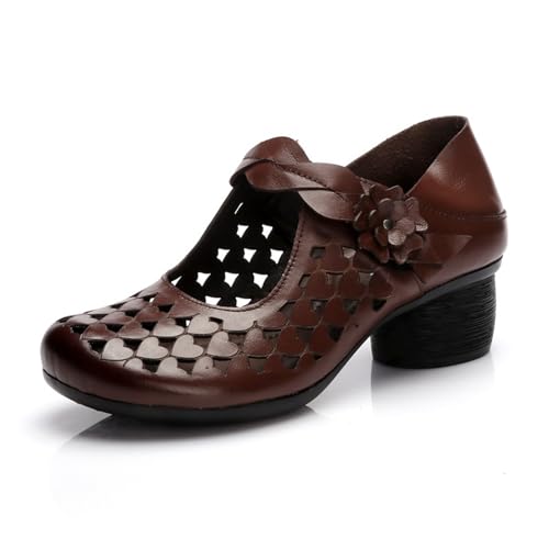 Genuine Leather Hollow Chunky Heel Pumps - Retro Closed Wide Head Adjustable Hook and Loop Block Heel Comfortable Breathable Fashionable Mom Pumps for Work Party