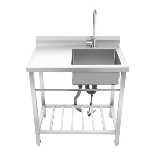 Begoniape Fregadero de cocina independiente, 80 × 55 × 84 cm, de acero inoxidable, con fregadero derecho y grifo giratorio 360 °, lavabo multifunción para garaje, camping y exterior