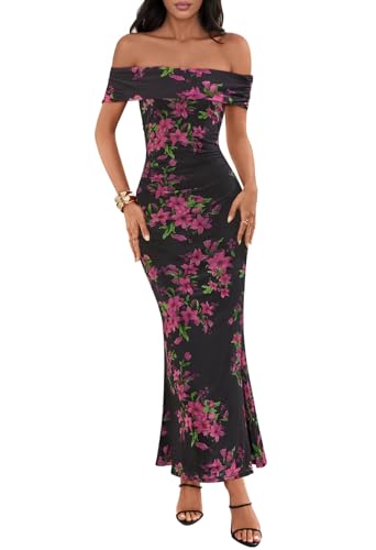 MEROKEETY Women's Summer Off Shoulder Floral Maxi Dress 2025 Formal Wedding Guest Cocktail Bodycon Dresses