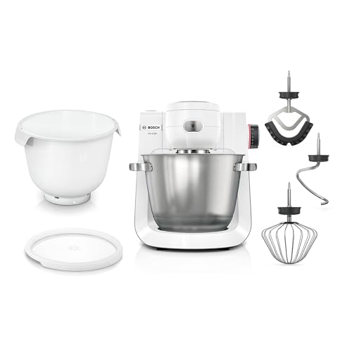 Bosch Küchenmaschine Serie 6 2 Schüsseln 5 5 l (Edelstahl Kunststoff) 7 Stufen Planetenrührwerk Knethaken/Rühr-/Silikonbesen spülmaschinenfest weiß MUMS6EW18