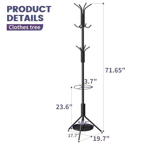 Coat Rack Freestanding,Entryway Hanger Stand,Umbrella Holder,Hall Tree With 12 Hooks, Floor Standing Metal Tree Stand,Black