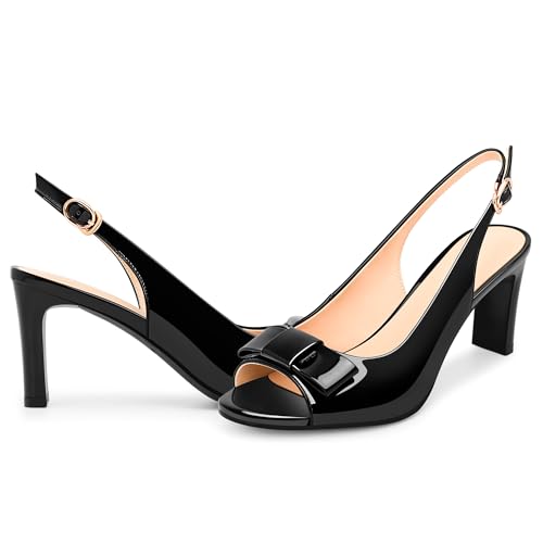 Women's Peep Toe Slingback Heeled Sandals Block Heel Bow Patent Leather Shoes4